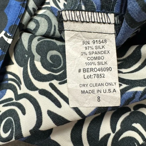 Liquido Silk USA Blue & White Rose Design Effortless Glamour Blouse size 8 - Picture 9 of 9